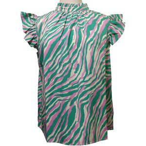 NWT Voy Green/Pink Zebra-Stripe Flutter Sleeve Blouse~Tie Back~SMALL